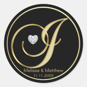Elegant Black Gold Monogram Letter J Heart Diamond Runder Aufkleber