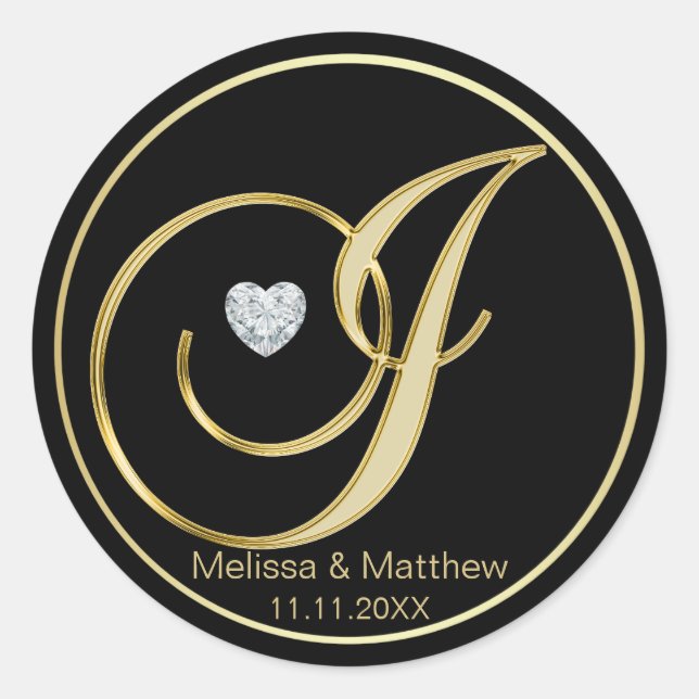 Elegant Black Gold Monogram Letter J Heart Diamond Runder Aufkleber (Vorderseite)