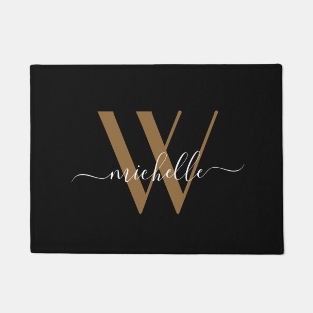 Elegant Black Gold Monogram Name Script Initial Fußmatte (Vorderseite)