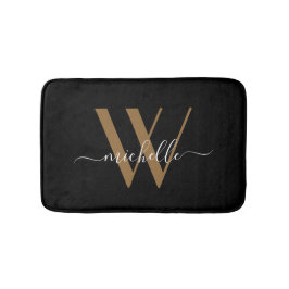Elegant Black Gold Monogram Script Name Initial Badematte