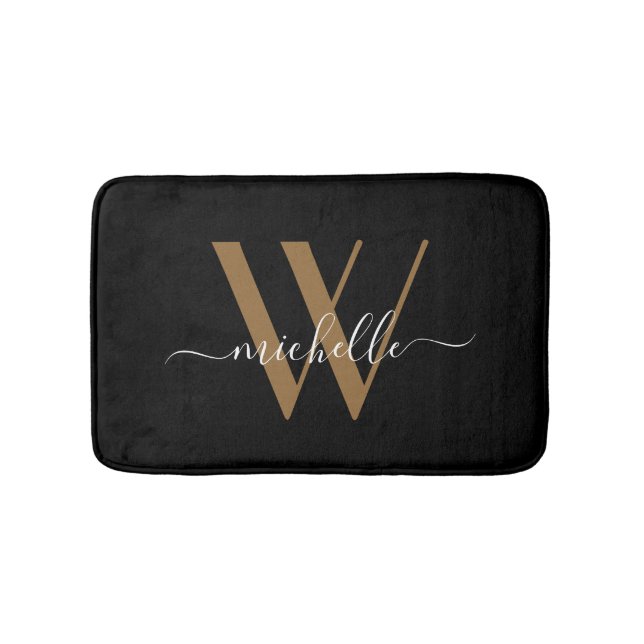 Elegant Black Gold Monogram Script Name Initial Badematte (Vorderseite)