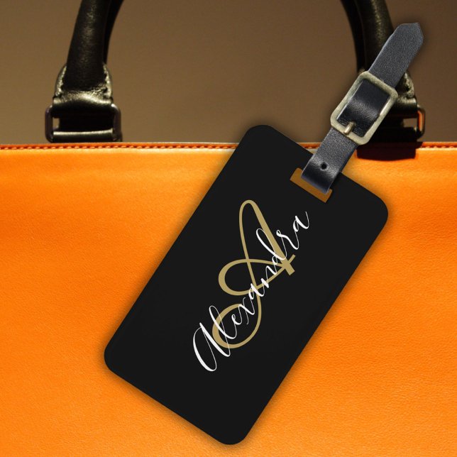 Elegant Black Gold Monogram Script Name Stilvoll Gepäckanhänger (Elegant Black Gold Monogram Script Name Stylish Luggage Tag)