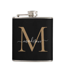 Elegant Black Gold Monogram Stylish Script Name Flachmann