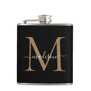 Elegant Black Gold Monogram Stylish Script Name Flachmann