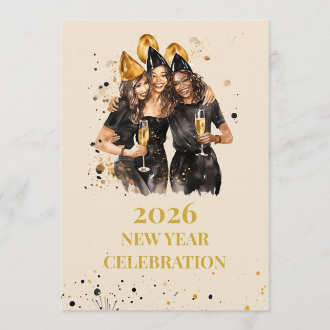 Elegant Black & Gold New Year Invitation Einladung (Vorderseite)