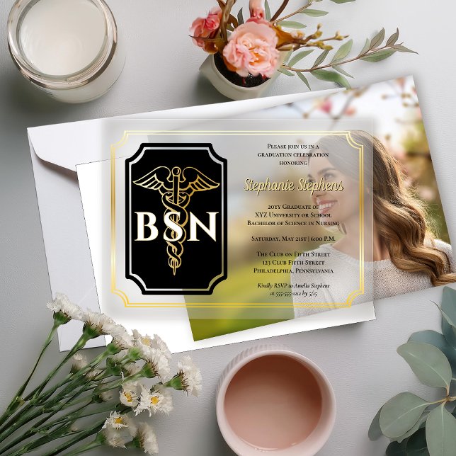 Elegant Black | Gold Nurse BSN Graduation Party (Elegant Black and Gold Tone Nurse BSN Graduation Announcement and Party Invitation )
