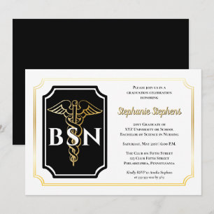 Elegant Black   Gold Nurse BSN Graduation Party Einladung