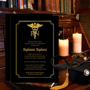 Elegant Black   Gold Nurse RN Graduation Party Einladung