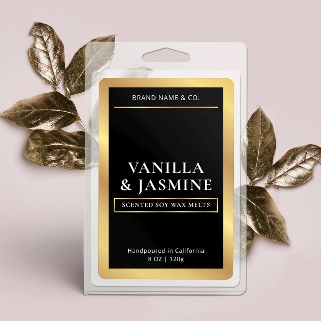 Elegant Black & Gold Packaging Wax Melts Label Lebensmitteletikett (Elegant black and gold wax melts rectangle labels with gold foil effects)