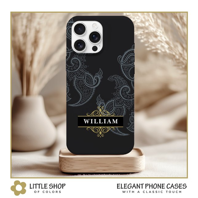 Elegant Black Gold Paisley Monogram Case-Mate iPhone Hülle (Von Creator hochgeladen)