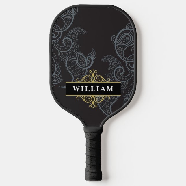 Elegant Black Gold Paisley Monogram Pickleball Schläger (Vorderseite)