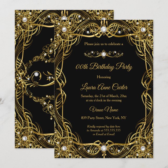 Elegant Black Gold Pearl Damask Geburtstag Einladung (Vorne/Hinten)