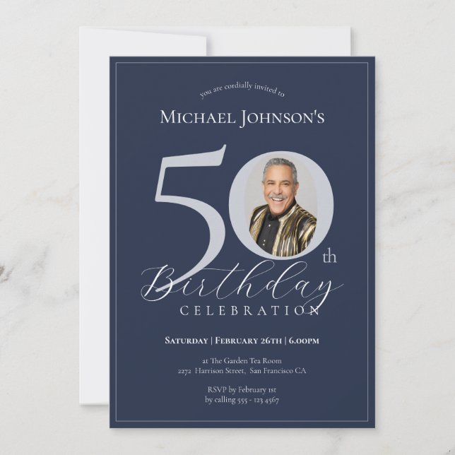 Elegant Black Gold Photo 50th Birthday Einladung (Vorderseite)