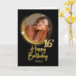 Elegant Black & Gold Photo Name 16th Birthday Karte