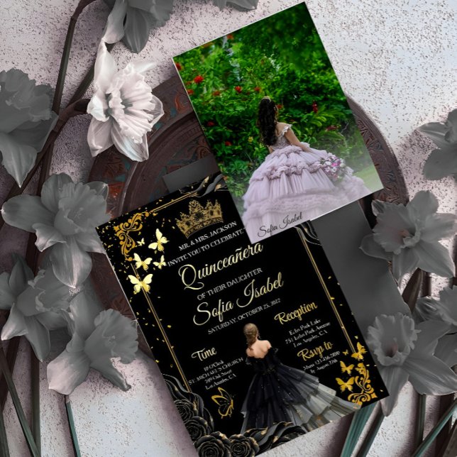 Elegant Black Gold Photo Quinceañera Invite Folieneinladung (Von Creator hochgeladen)
