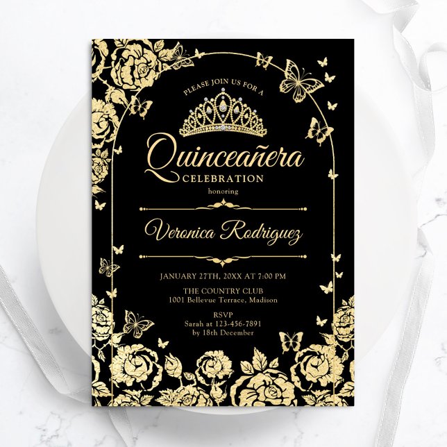 Elegant Black Gold Quinceanera Einladung (Von Creator hochgeladen)