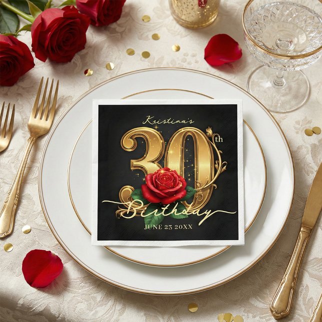 Elegant Black Gold Red Rose 30th Birthday Party Serviette (Von Creator hochgeladen)