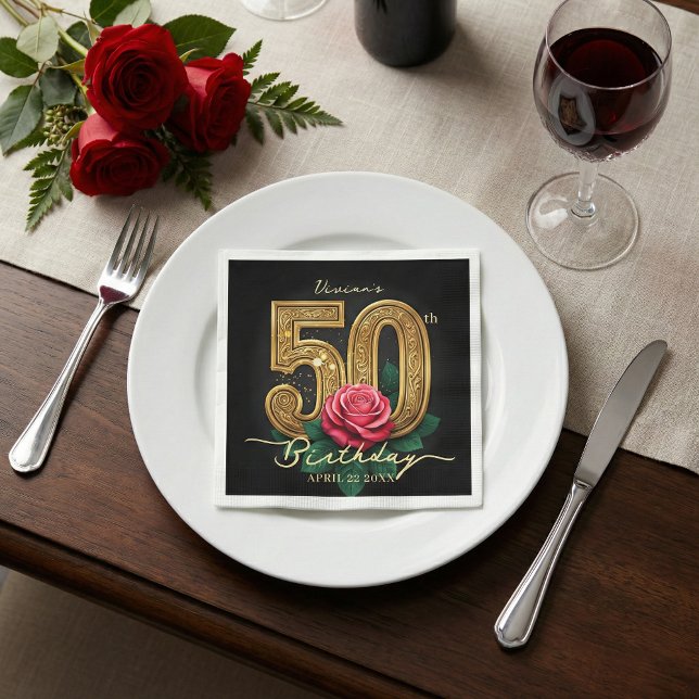 Elegant Black Gold Red Rose 50th Birthday Party Serviette (Von Creator hochgeladen)