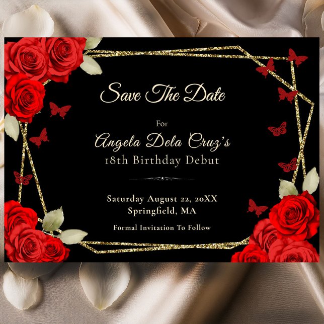 Elegant Black Gold Red Roses 18th Birthday Debut Save The Date (Von Creator hochgeladen)