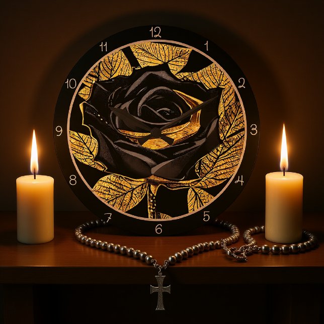 Elegant Black Gold Rose Große Wanduhr (Von Creator hochgeladen)