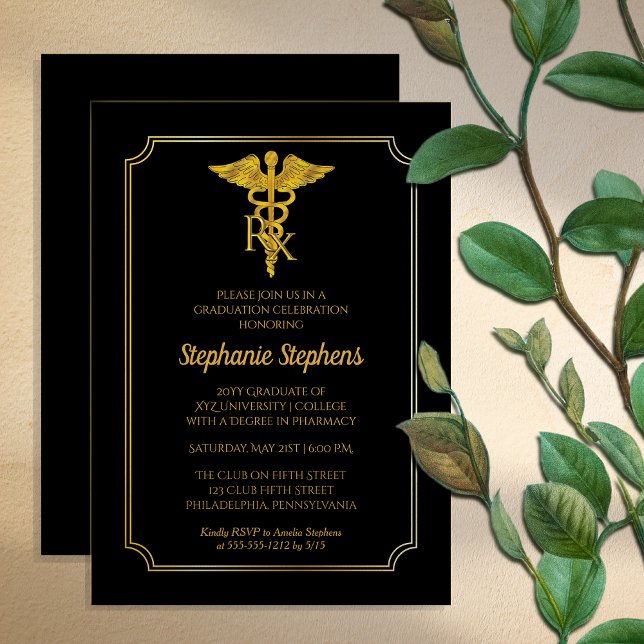 Elegant Black | Gold Rx Pharmacy Graduation Party Einladung (Elegant Black and Gold Tone "RX" Pharmacy Graduation Party Invitation -- Print and/or Download)