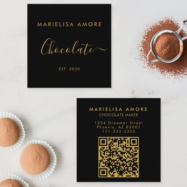 Elegant Black Gold Script Chocolate Qr Code Quadratische Visitenkarte (Von Creator hochgeladen)