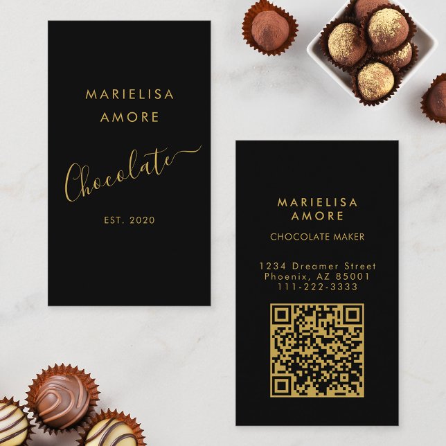 Elegant Black Gold Script Chocolate Qr Code Visitenkarte (Von Creator hochgeladen)