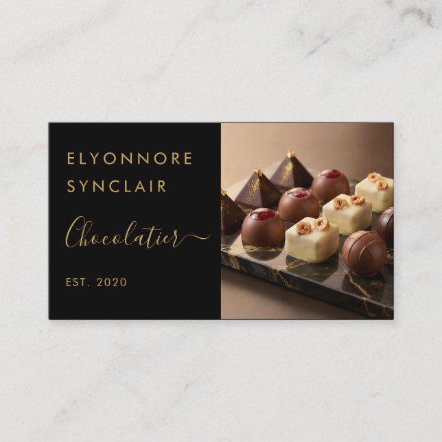 Elegant Black Gold Script Chocolatier Branding Visitenkarte (Vorderseite)