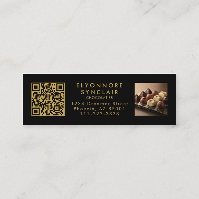 Elegant Black Gold Script Chocolatier Qr Code Mini Visitenkarte (Rückseite)