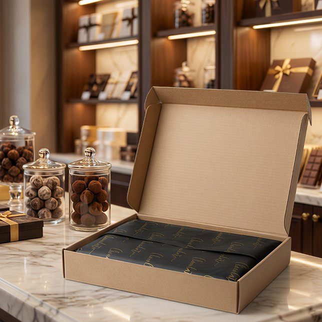 Elegant Black Gold Script Chocolatier Qr Code Seidenpapier (Von Creator hochgeladen)