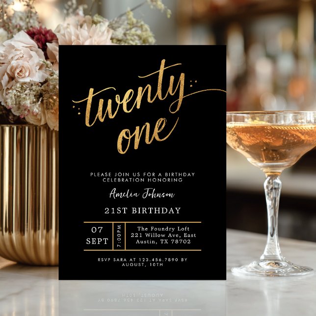 Elegant Black & Gold Script Eighteen 21st Birthday Einladung (Von Creator hochgeladen)