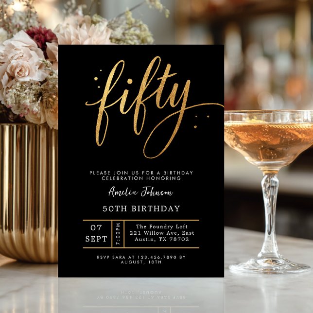 Elegant Black & Gold Script Fifty 50th Birthday  Einladung (Celebrate fifty in timeless style with this elegant black and gold invitation)