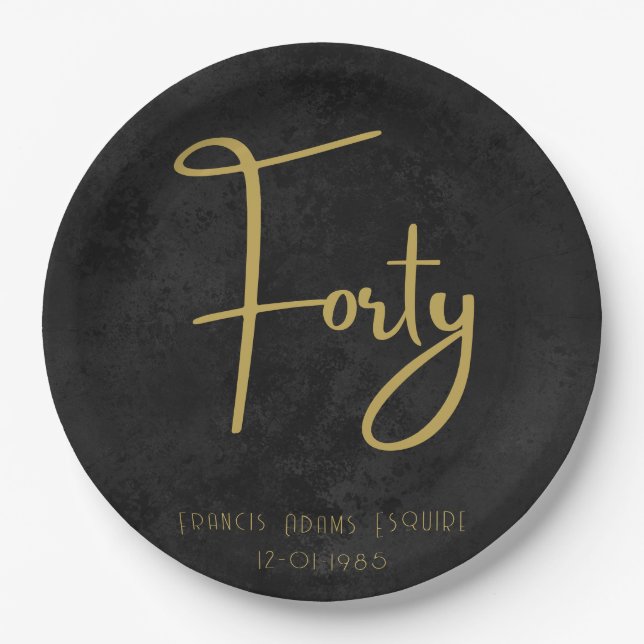 Elegant Black & Gold Script Forty Modern Birthday Pappteller (Vorderseite)