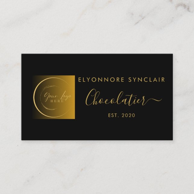 Elegant Black Gold Script Logo Chocolatier Visitenkarte (Vorderseite)