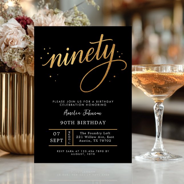 Elegant Black & Gold Script Ninety 90th Birthday Einladung (Celebrate ninety in timeless style with this elegant black and gold invitation.)