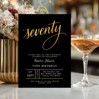 Elegant Black & Gold Script Seventy 70th Birthday Einladung