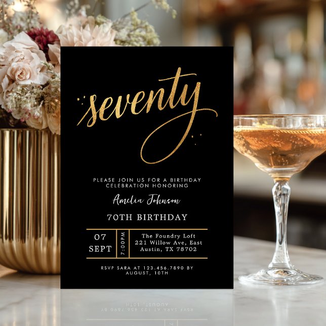Elegant Black & Gold Script Seventy 70th Birthday  Einladung (Celebrate seventy in timeless style with this elegant black and gold invitation.)
