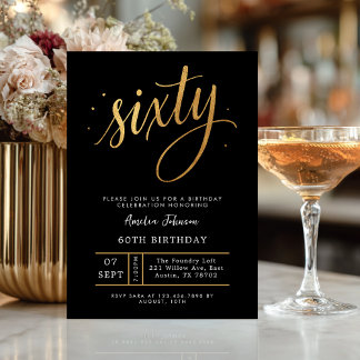 Elegant Black & Gold Script Sixty 60th Birthday Einladung