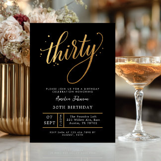 Elegant Black & Gold Script Thirty 30th Birthday Einladung