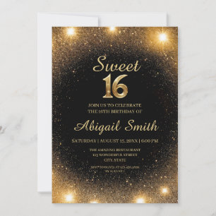 Elegant Black & Gold Sparkle Sweet 16 Einladung