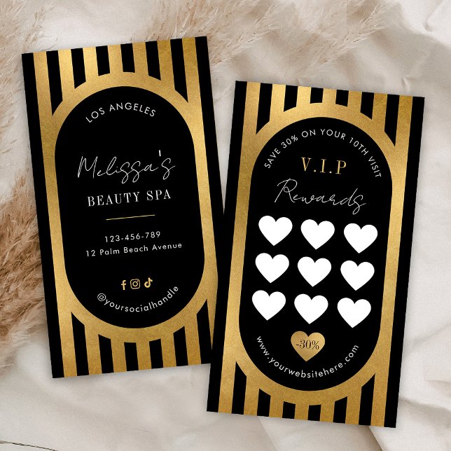 Elegant Black & Gold Stripes Hair Brows Lash Salon Treuekarte (Von Creator hochgeladen)