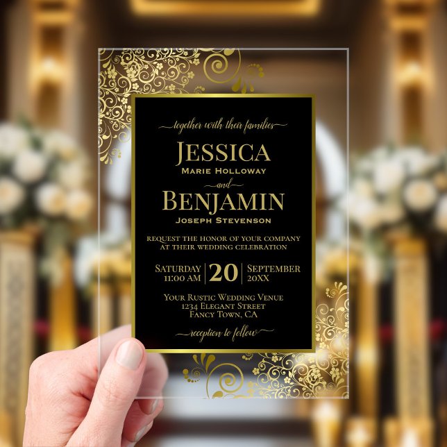 Elegant Black & Gold Stylish Text Classy Wedding Acryleinladungen (Clear Acrylic with Rectangle Cut)