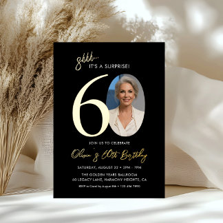 Elegant Black Gold Surprise 60th Birthday Photo Folieneinladung
