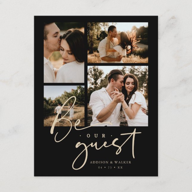 Elegant Black Gold Trendy Collage Wedding 4-Photo Begleitkarte (Vorderseite)