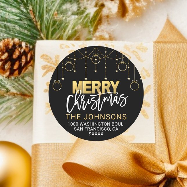 Elegant Black Gold Twinkle Stars Weihnachtsadresse Runder Aufkleber (Elegant Black Gold Twinkle Stars Christmas Address Classic Round Sticker)
