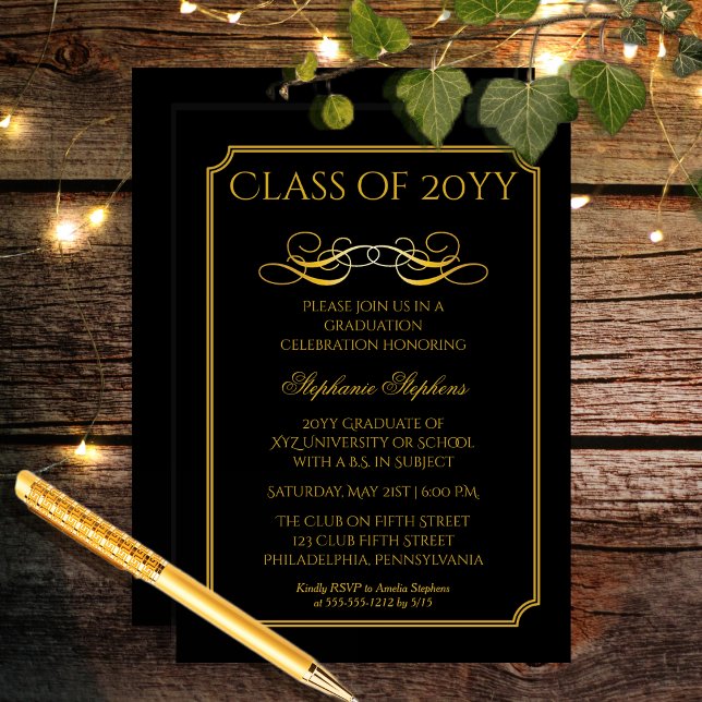 Elegant Black | Gold University Graduation Party Einladung (Elegant Black and Gold Tone University Graduation Party Invitation for Print and/or Download)