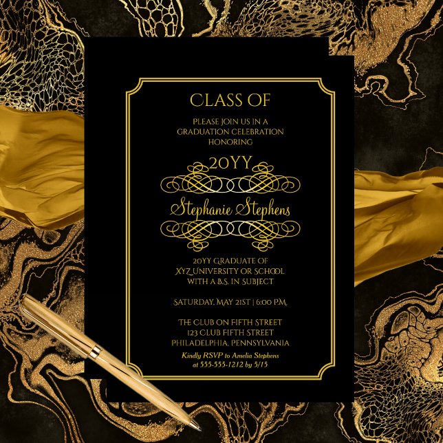 Elegant Black | Gold University Graduation Party Einladung (Elegant Scrollwork Black and Gold Tone College | University Graduation Announcement Party Invitation)