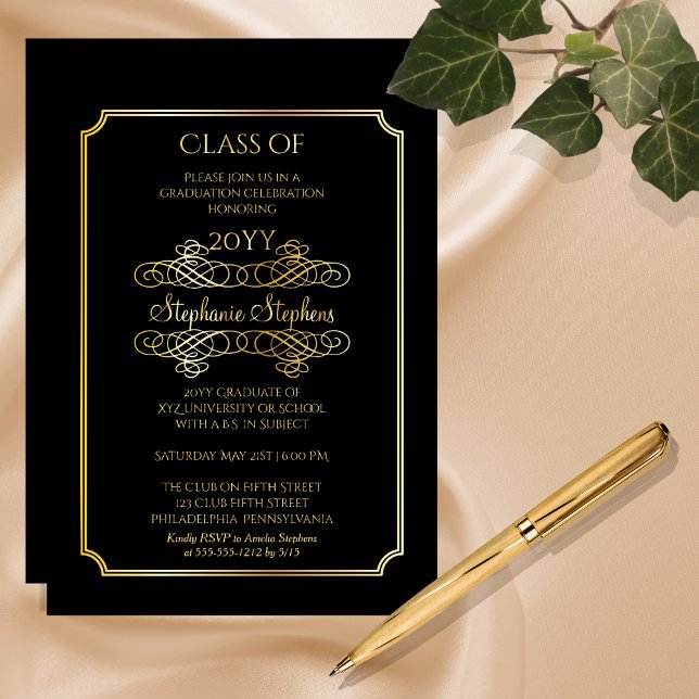Elegant Black | Gold University Graduation Party Folieneinladung (Elegant Black College or University Graduation Announcement and Party Gold Foil Invitation)
