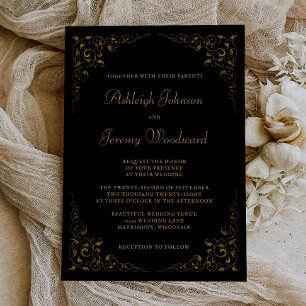 Elegant Black Gold Vintage Botanical Frame Wedding Einladung