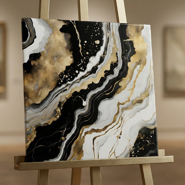 Elegant Black Gold & White Agate Marble Fluid Art Fliese (Von Creator hochgeladen)